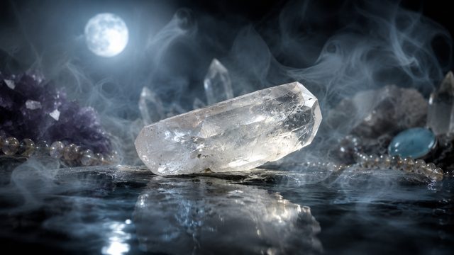 水面に置かれた水晶。浄化の工程を象徴的に表した画像